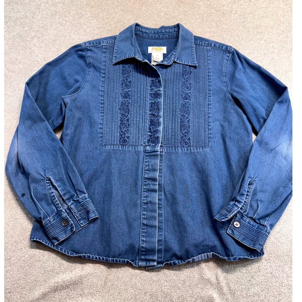 Talbots Denim Blouse Womens S Blue Embroidered Pintuck Long Sleeve Cotton Shirt